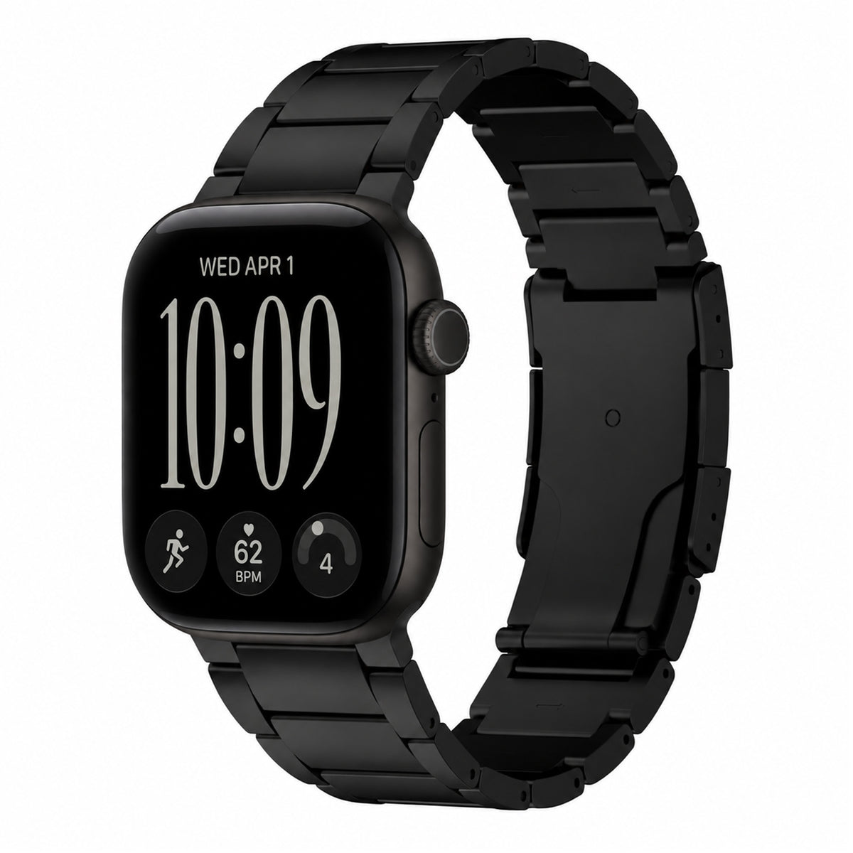A black Titanium strap  with a matching black metal link band, shown on an Apple Watch Series 12. The watch face is on and displays the time as 10:09.